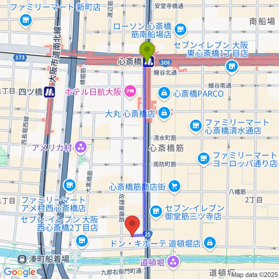 心斎橋駅から心斎橋PANHEAD GROOVEへのルートマップ地図