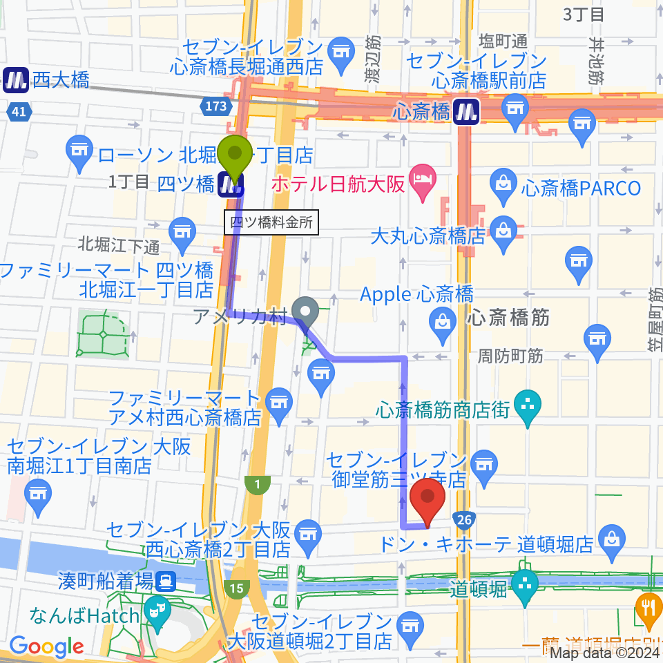 四ツ橋駅から心斎橋PANHEAD GROOVEへのルートマップ地図