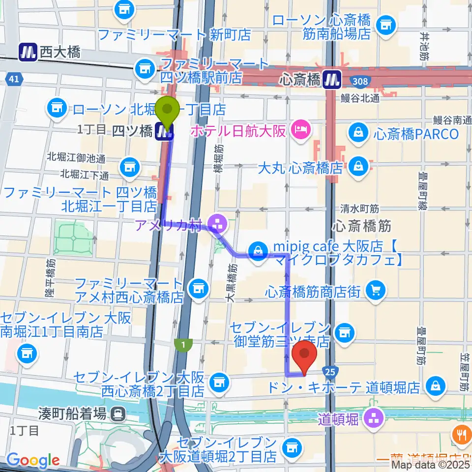 四ツ橋駅から心斎橋PANHEAD GROOVEへのルートマップ地図