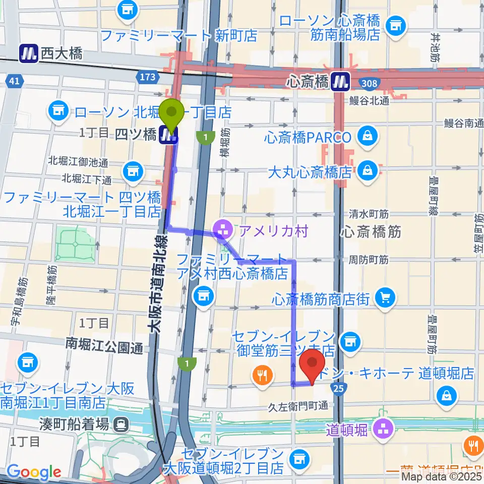 四ツ橋駅から心斎橋PANHEAD GROOVEへのルートマップ地図