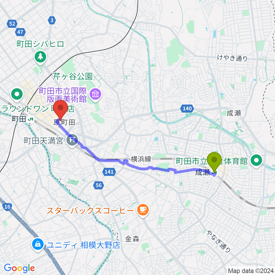 成瀬駅からディスクユニオン町田店へのルートマップ地図