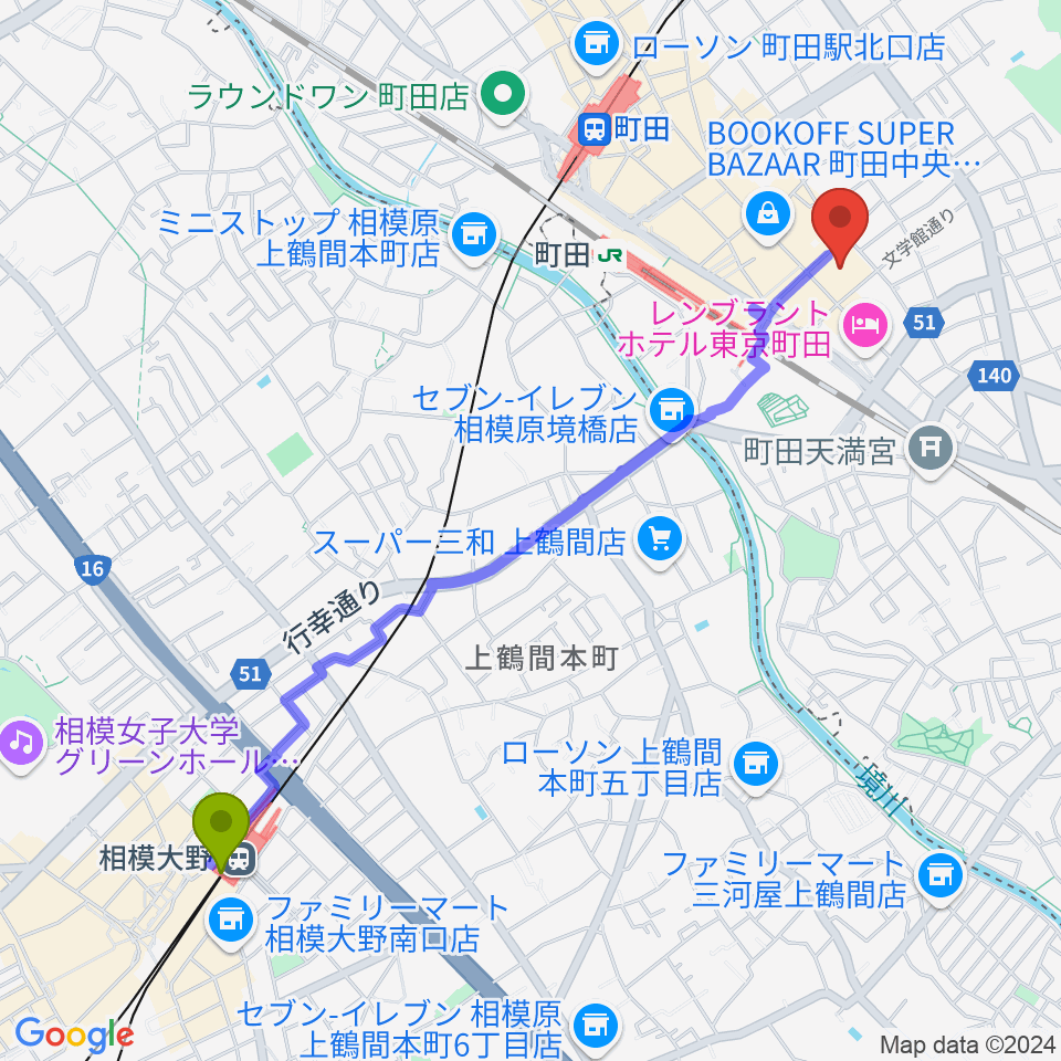 相模大野駅からディスクユニオン町田店へのルートマップ地図