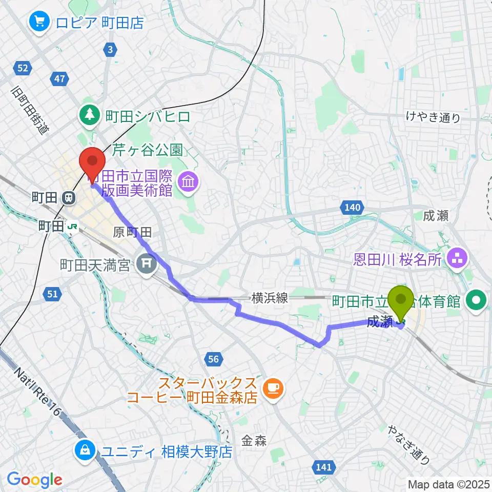 成瀬駅から町田HERBIEへのルートマップ地図