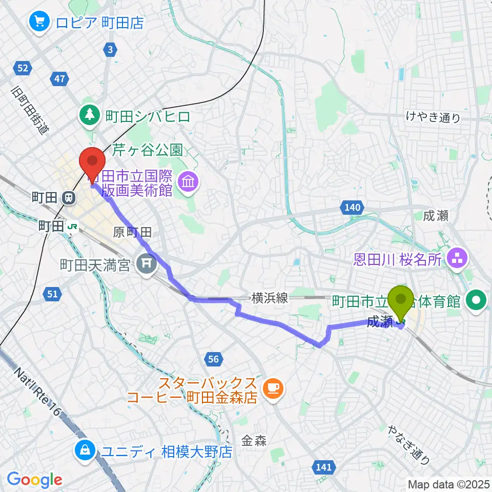 成瀬駅から町田HERBIEへのルートマップ地図