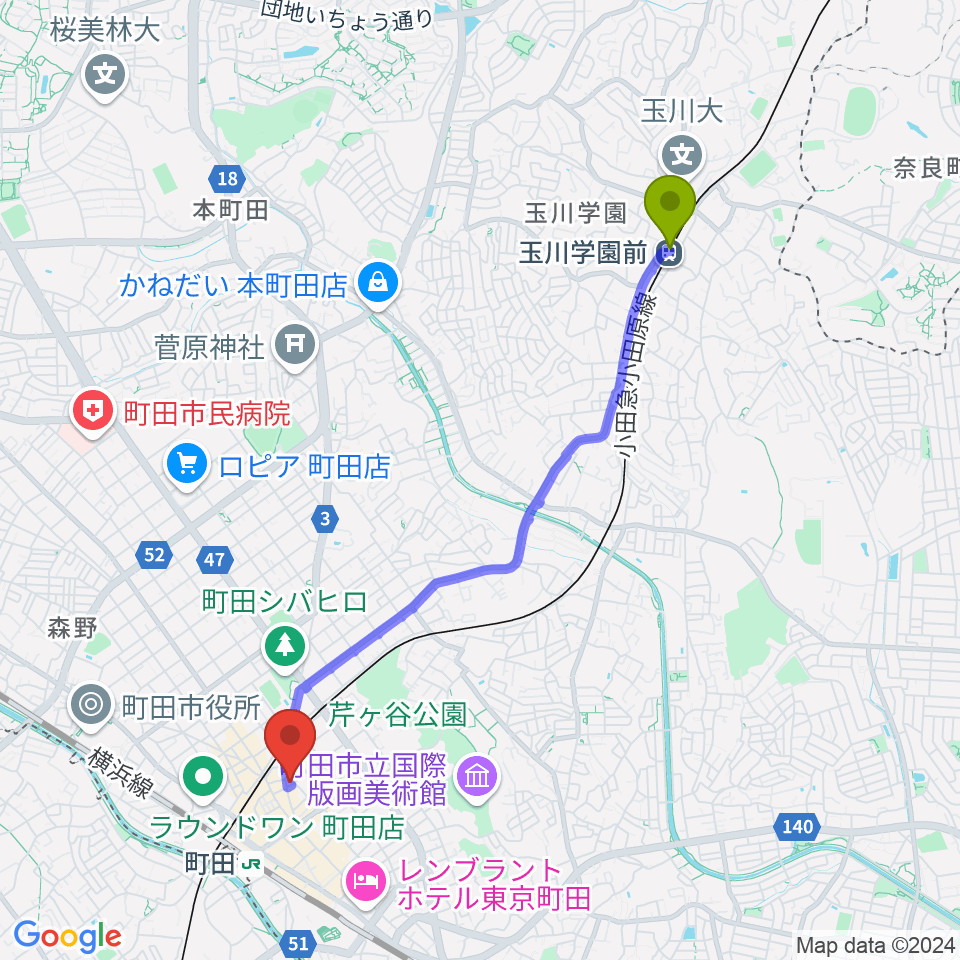 玉川学園前駅から町田HERBIEへのルートマップ地図