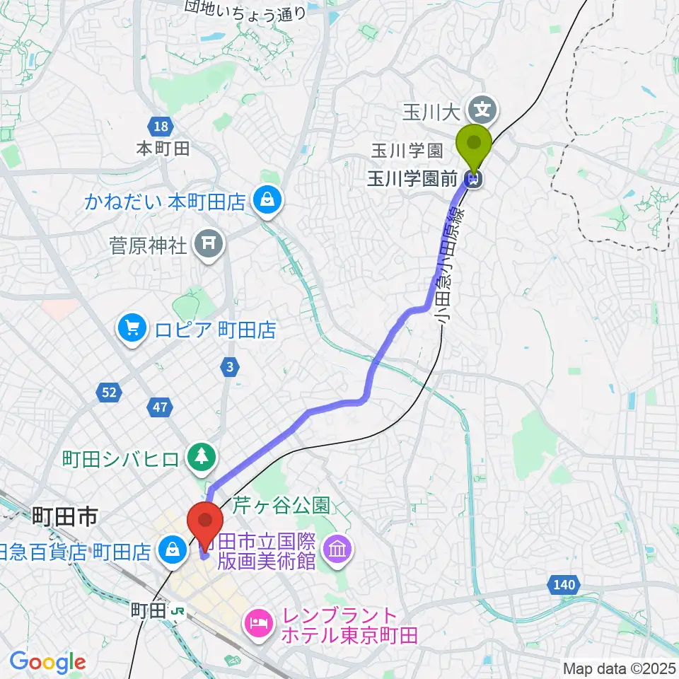 玉川学園前駅から町田HERBIEへのルートマップ地図