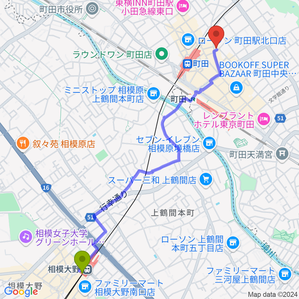 相模大野駅から町田HERBIEへのルートマップ地図