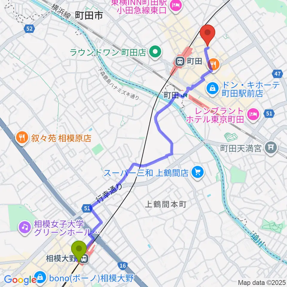 相模大野駅から町田HERBIEへのルートマップ地図