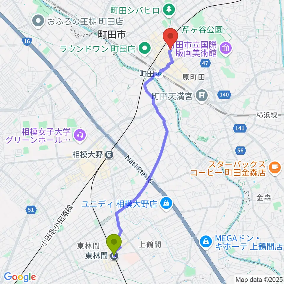東林間駅から町田HERBIEへのルートマップ地図