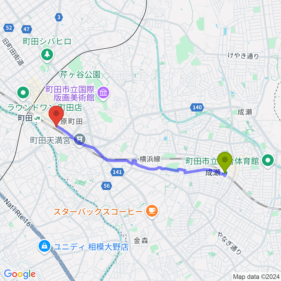 成瀬駅から町田市文化交流センターへのルートマップ地図