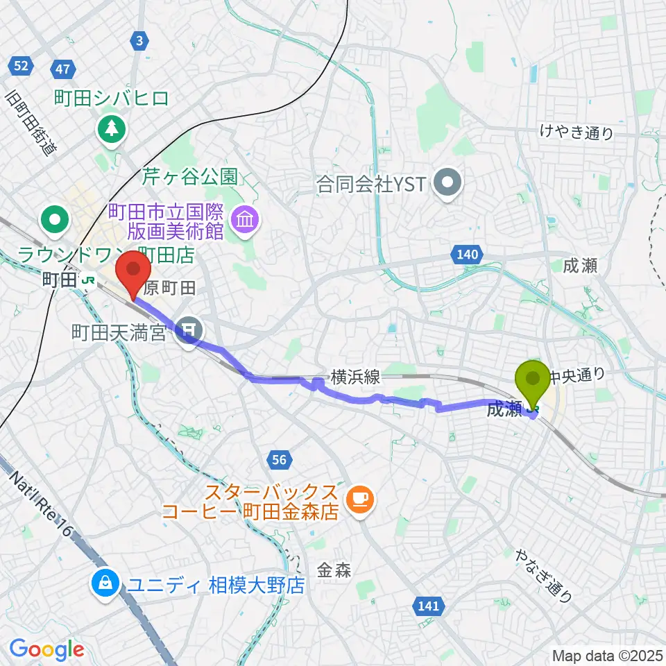 成瀬駅から町田市文化交流センターへのルートマップ地図