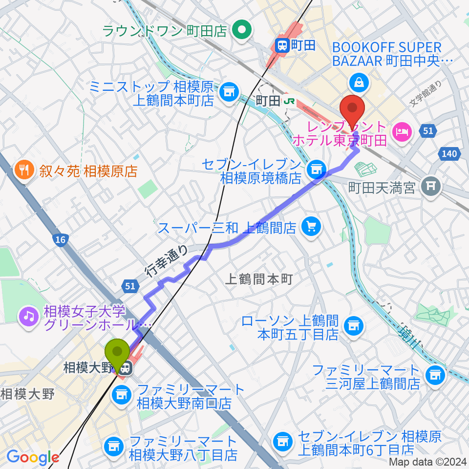 相模大野駅から町田市文化交流センターへのルートマップ地図