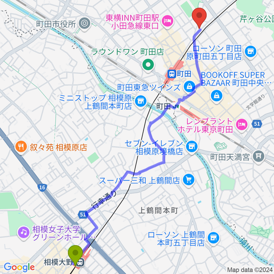 相模大野駅からSEALミュージックスクール町田校へのルートマップ地図