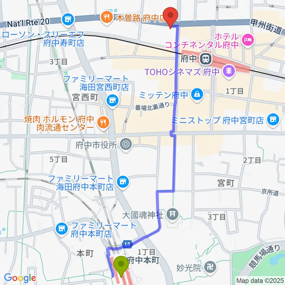 府中本町駅から府中コパデカフェへのルートマップ地図