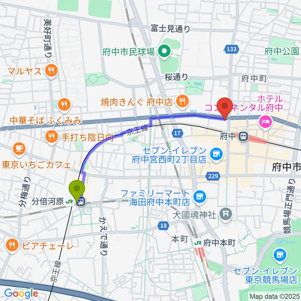 分倍河原駅から府中コパデカフェへのルートマップ地図