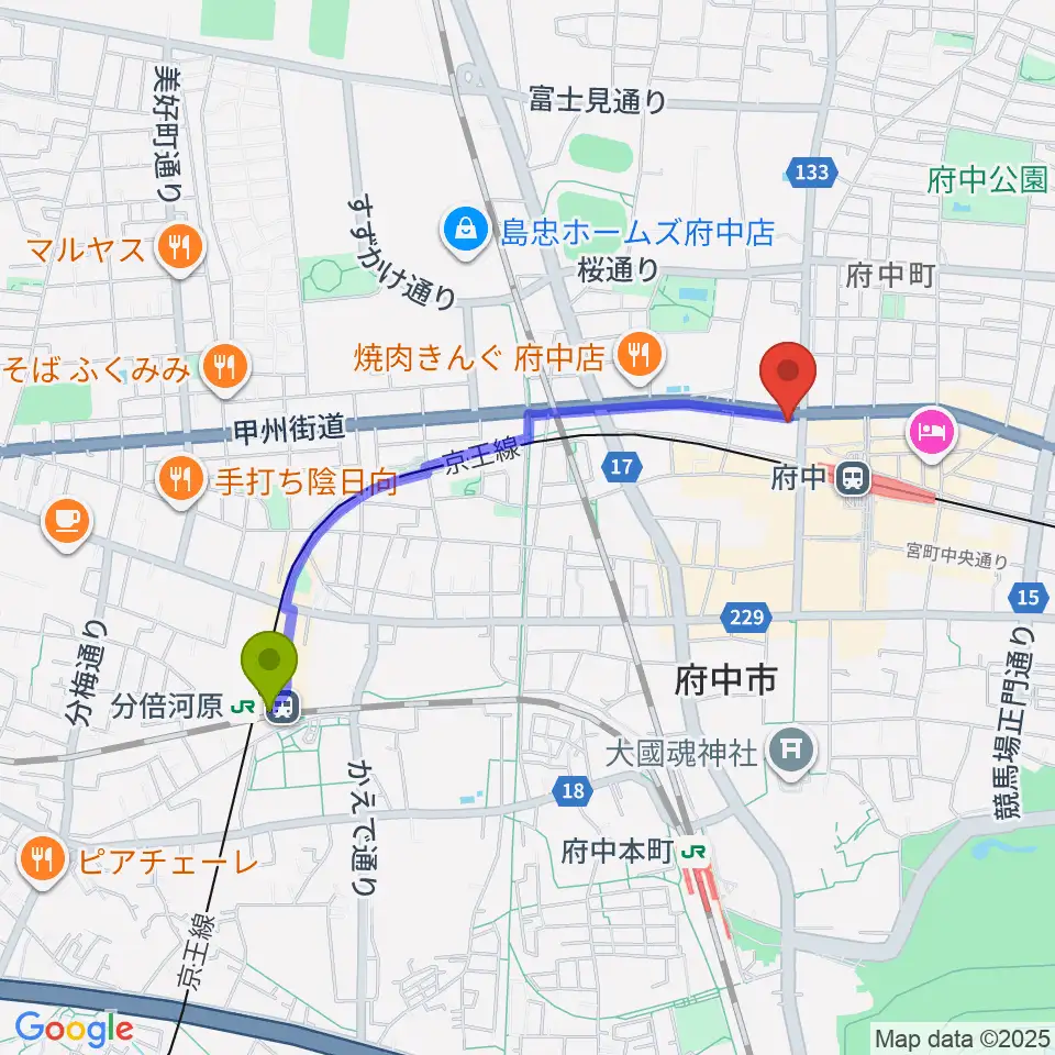 分倍河原駅から府中コパデカフェへのルートマップ地図