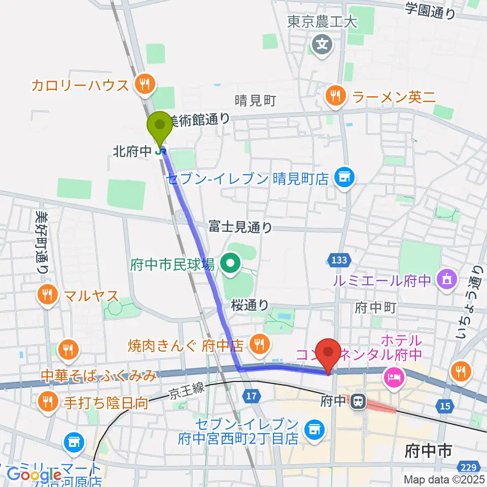 北府中駅から府中コパデカフェへのルートマップ地図