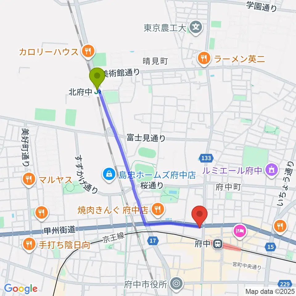 北府中駅から府中コパデカフェへのルートマップ地図