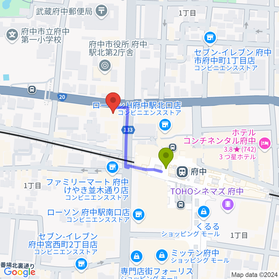 府中コパデカフェの最寄駅府中駅からの徒歩ルート（約2分）地図