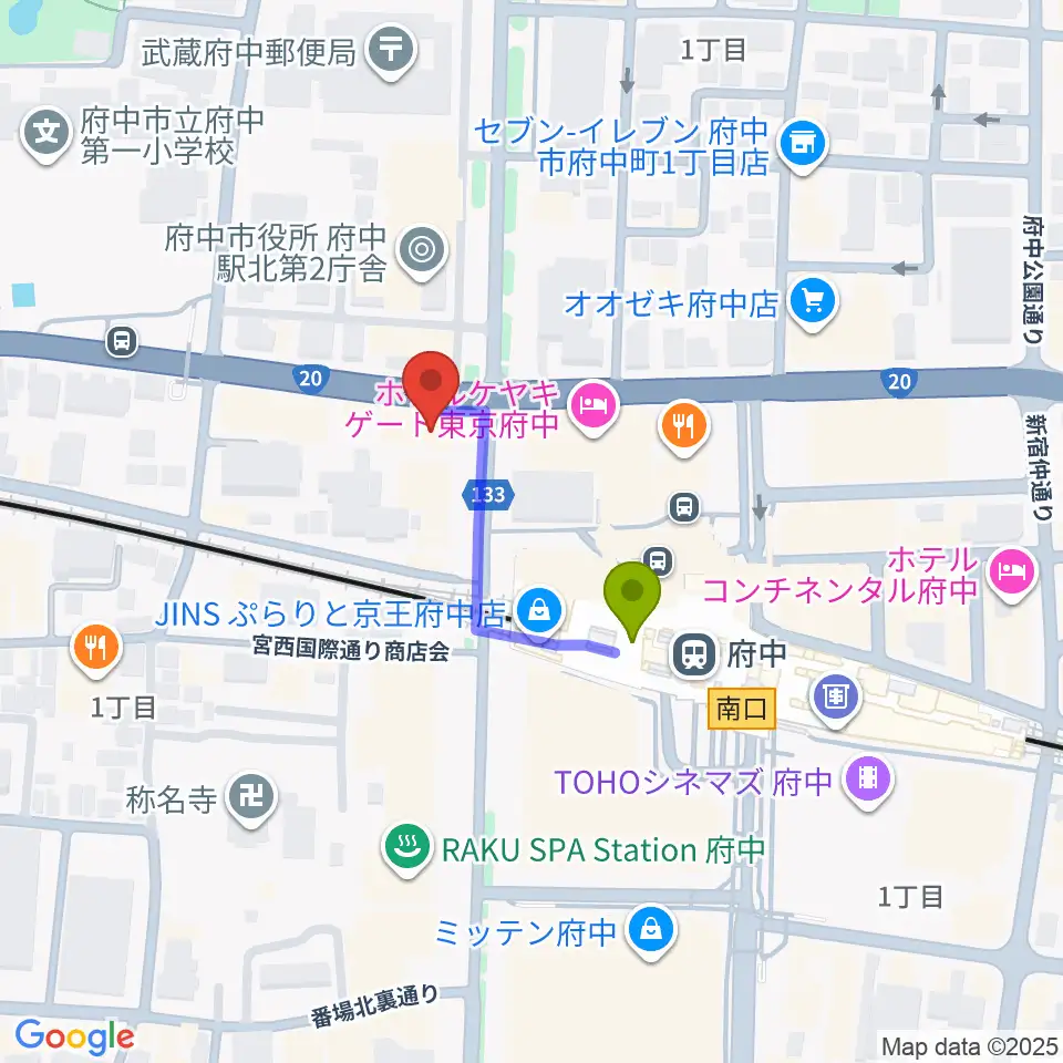 府中コパデカフェの最寄駅府中駅からの徒歩ルート（約2分）地図