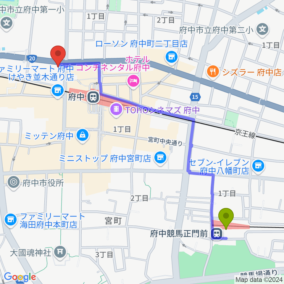 府中競馬正門前駅から府中コパデカフェへのルートマップ地図