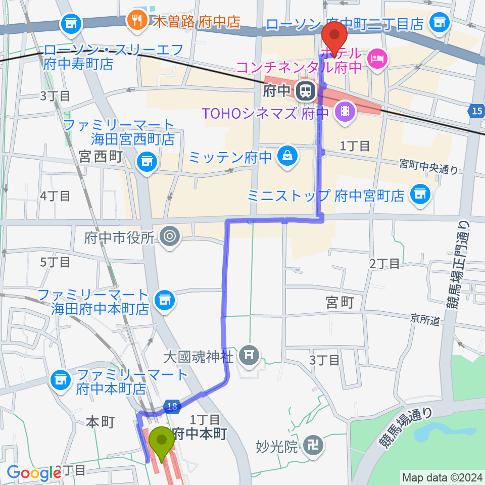 府中本町駅からカワイ音楽教室 府中駅前センターへのルートマップ地図