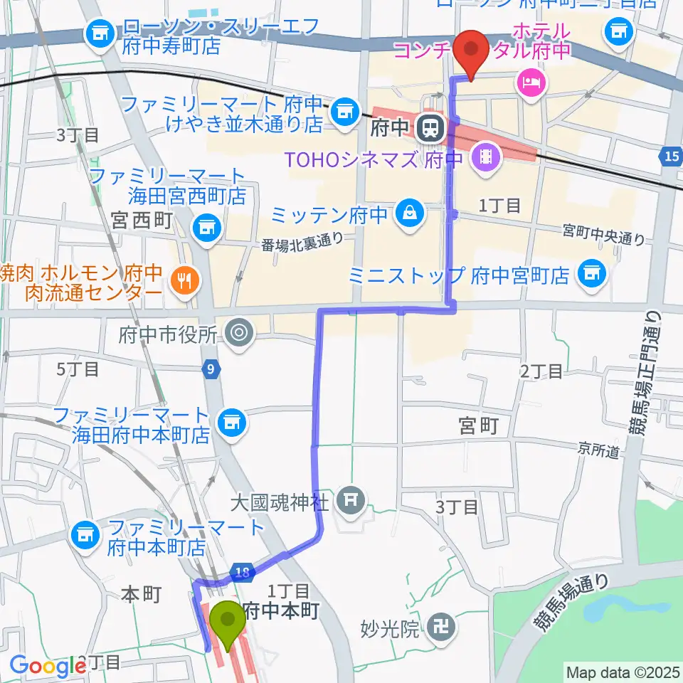 府中本町駅からカワイ音楽教室 府中駅前センターへのルートマップ地図