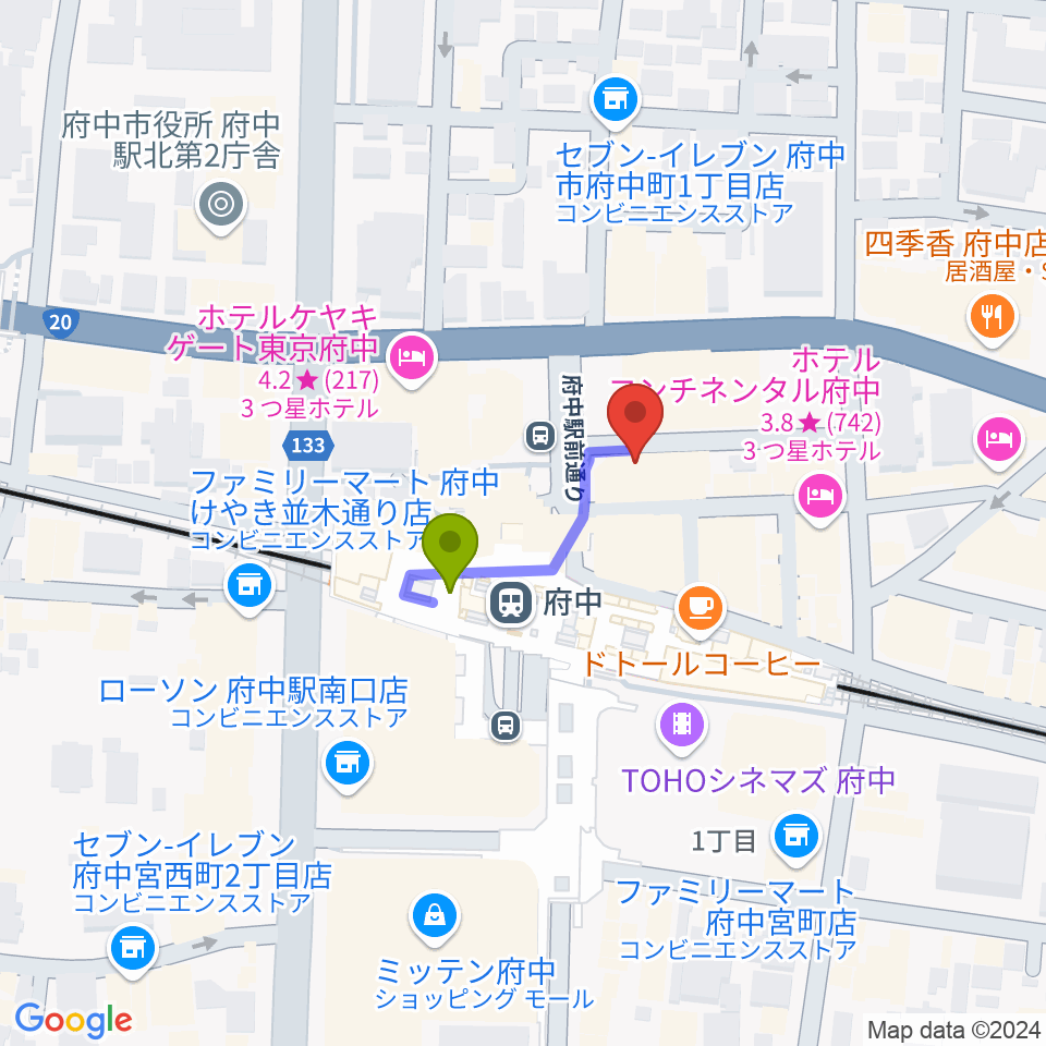 カワイ音楽教室 府中駅前センターの最寄駅府中駅からの徒歩ルート（約2分）地図