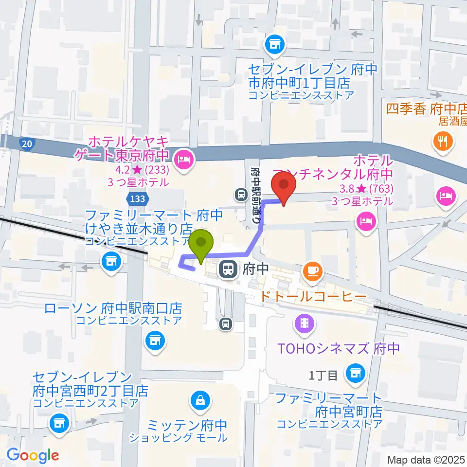 カワイ音楽教室 府中駅前センターの最寄駅府中駅からの徒歩ルート（約2分）地図