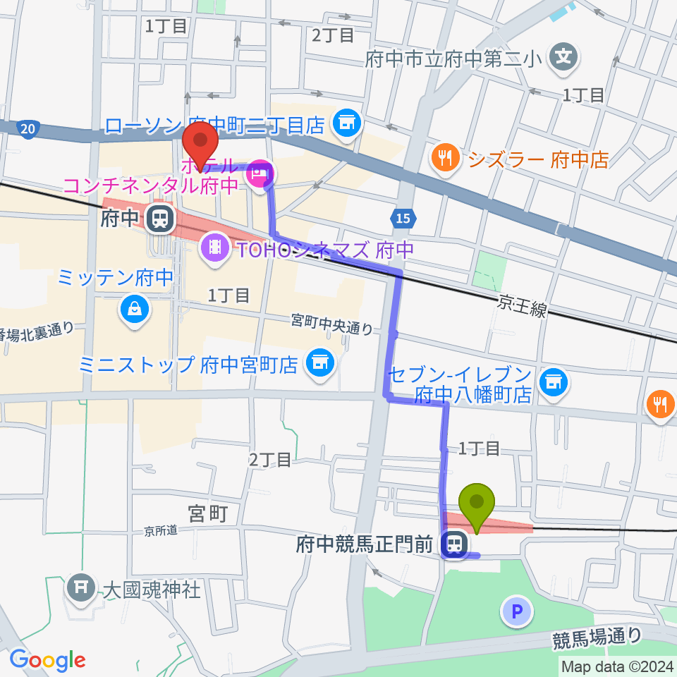 府中競馬正門前駅からカワイ音楽教室 府中駅前センターへのルートマップ地図