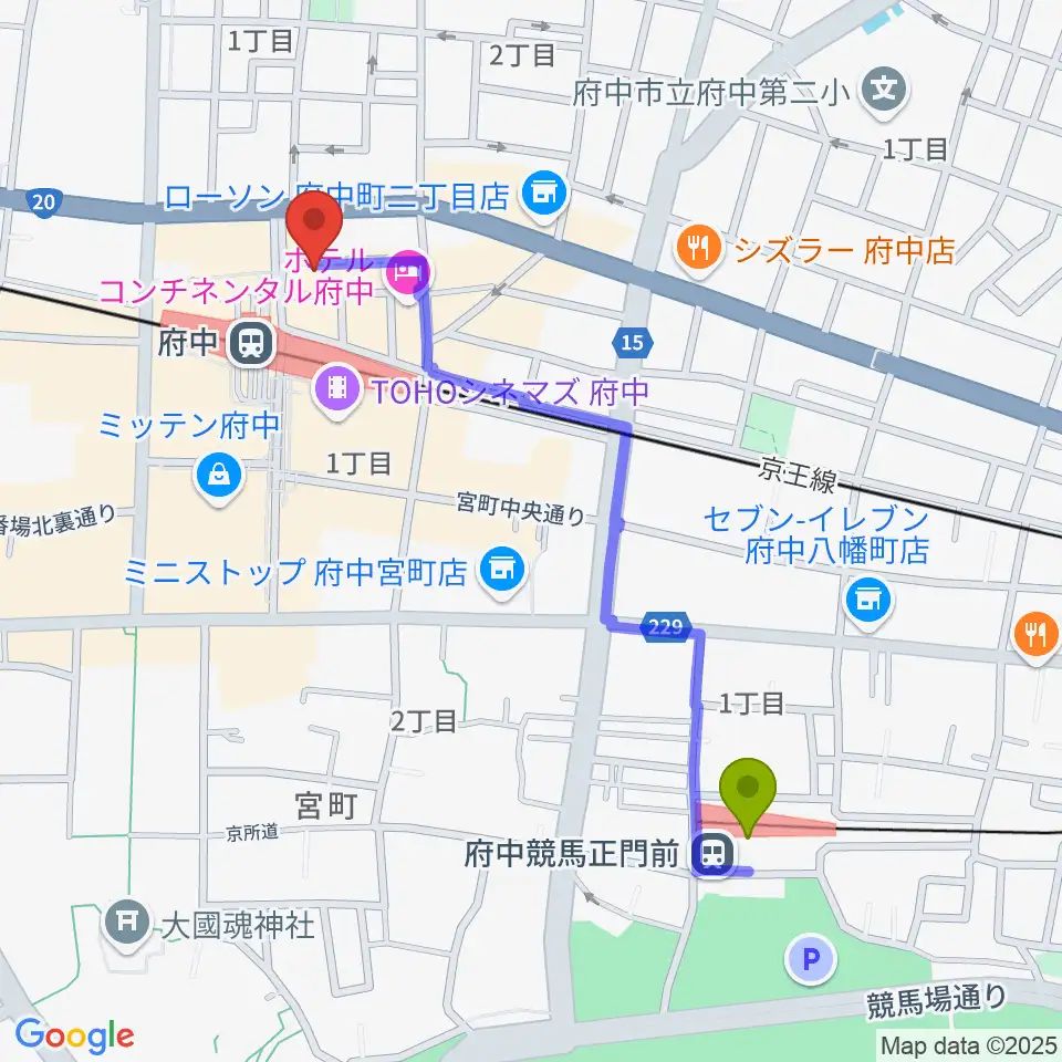 府中競馬正門前駅からカワイ音楽教室 府中駅前センターへのルートマップ地図