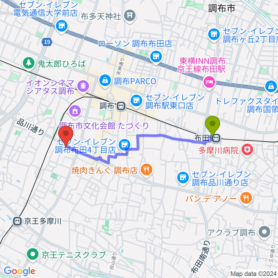 布田駅から調布ヴァイオリンへのルートマップ地図