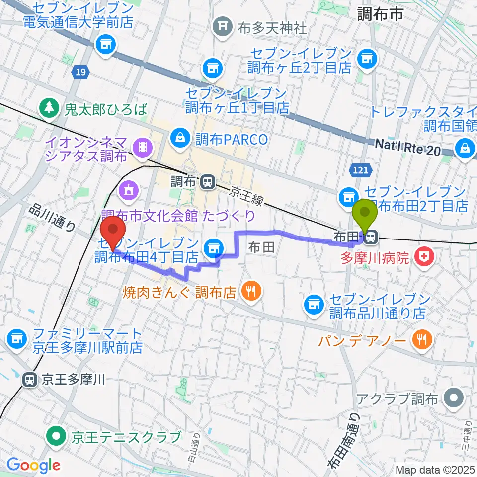 布田駅から調布ヴァイオリンへのルートマップ地図