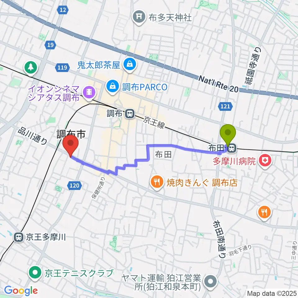 布田駅から調布ヴァイオリンへのルートマップ地図