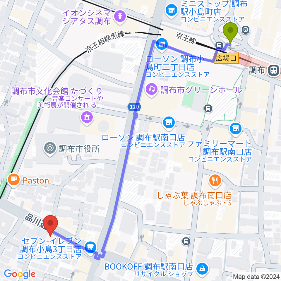 調布ヴァイオリンの最寄駅調布駅からの徒歩ルート（約7分）地図