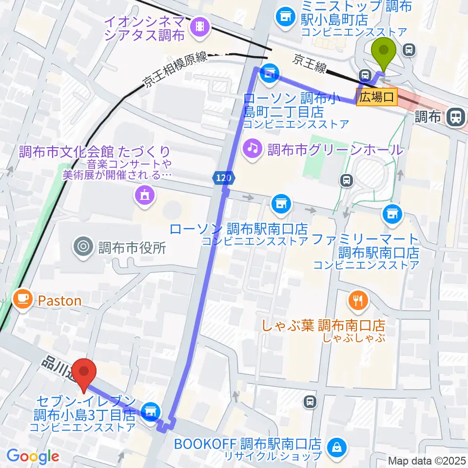 調布ヴァイオリンの最寄駅調布駅からの徒歩ルート（約7分）地図