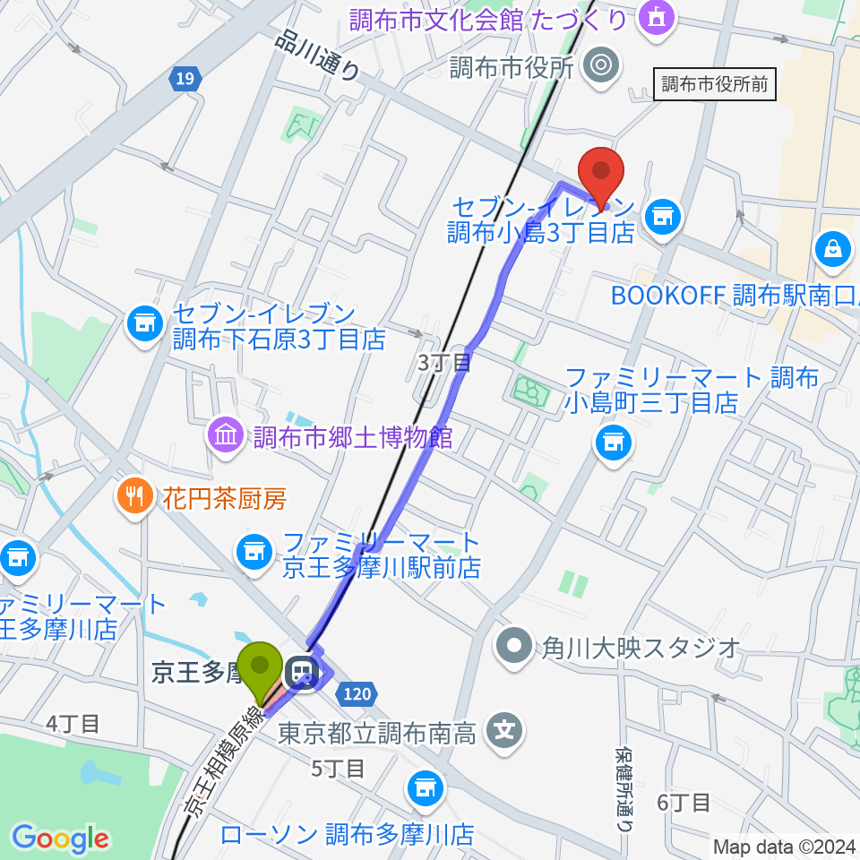 京王多摩川駅から調布ヴァイオリンへのルートマップ地図