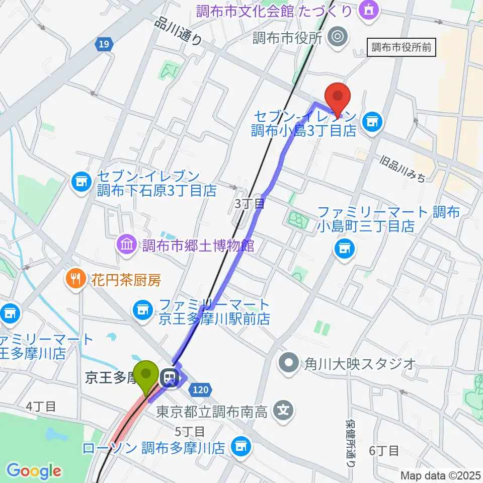 京王多摩川駅から調布ヴァイオリンへのルートマップ地図