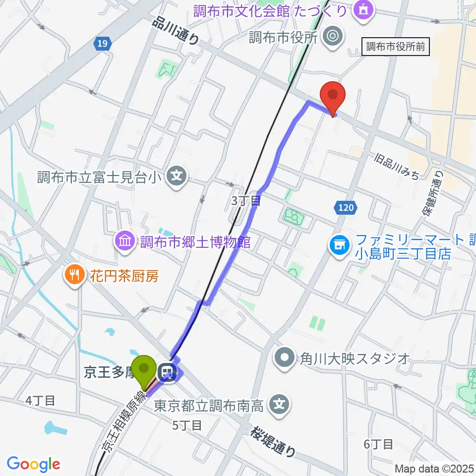 京王多摩川駅から調布ヴァイオリンへのルートマップ地図