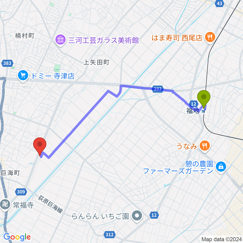 Tzミュージックスクールの最寄駅福地駅からの徒歩ルート（約44分）地図