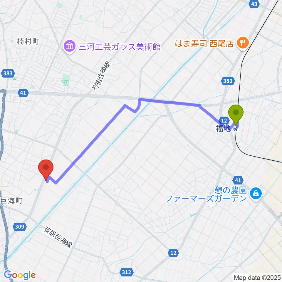 Tzミュージックスクールの最寄駅福地駅からの徒歩ルート（約44分）地図