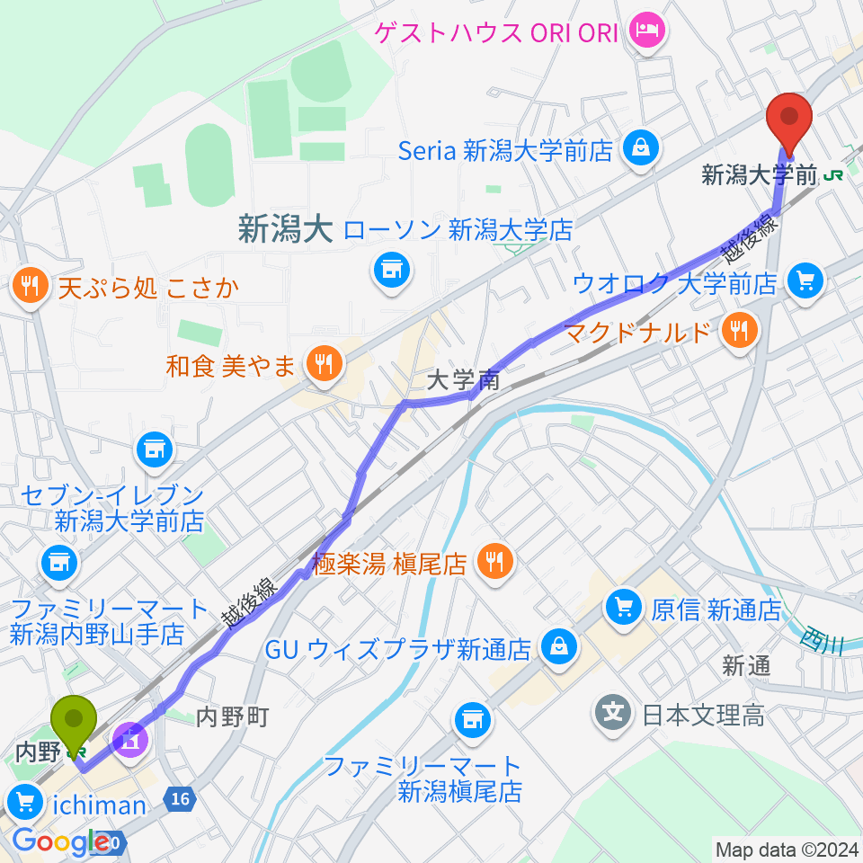 内野駅からスタジオアップルへのルートマップ地図