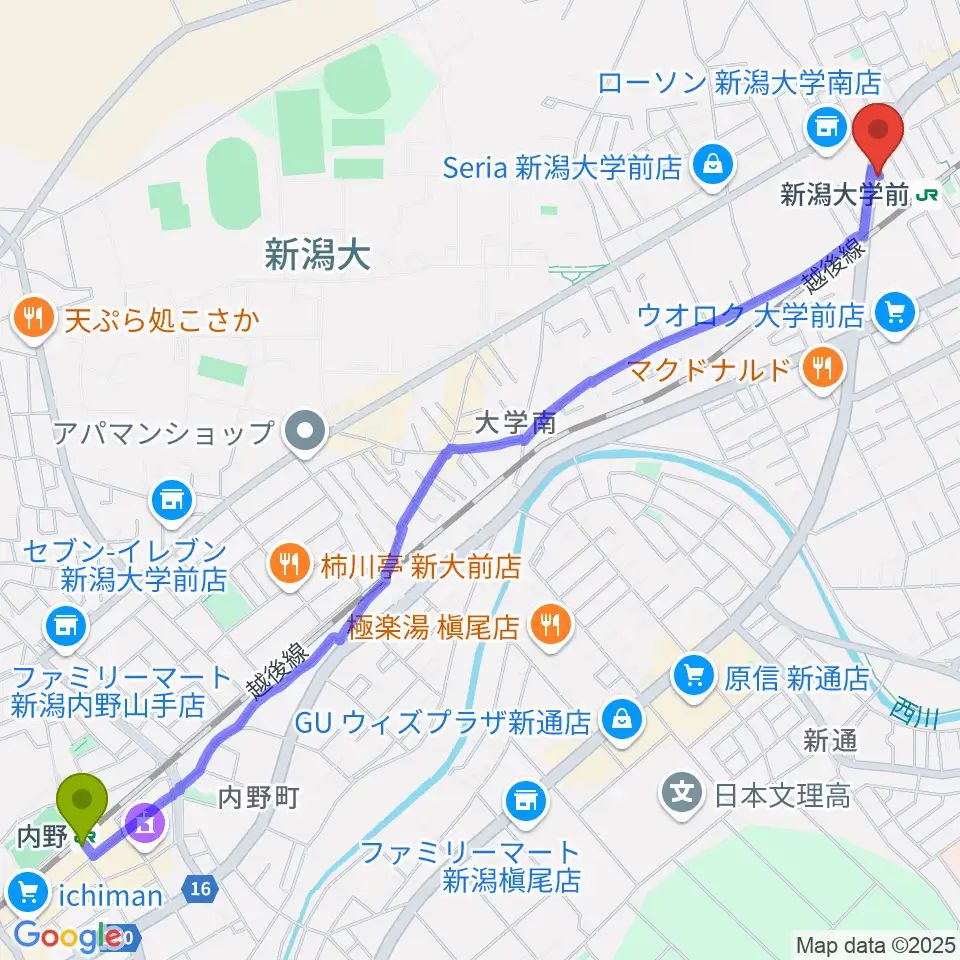 内野駅からスタジオアップルへのルートマップ地図