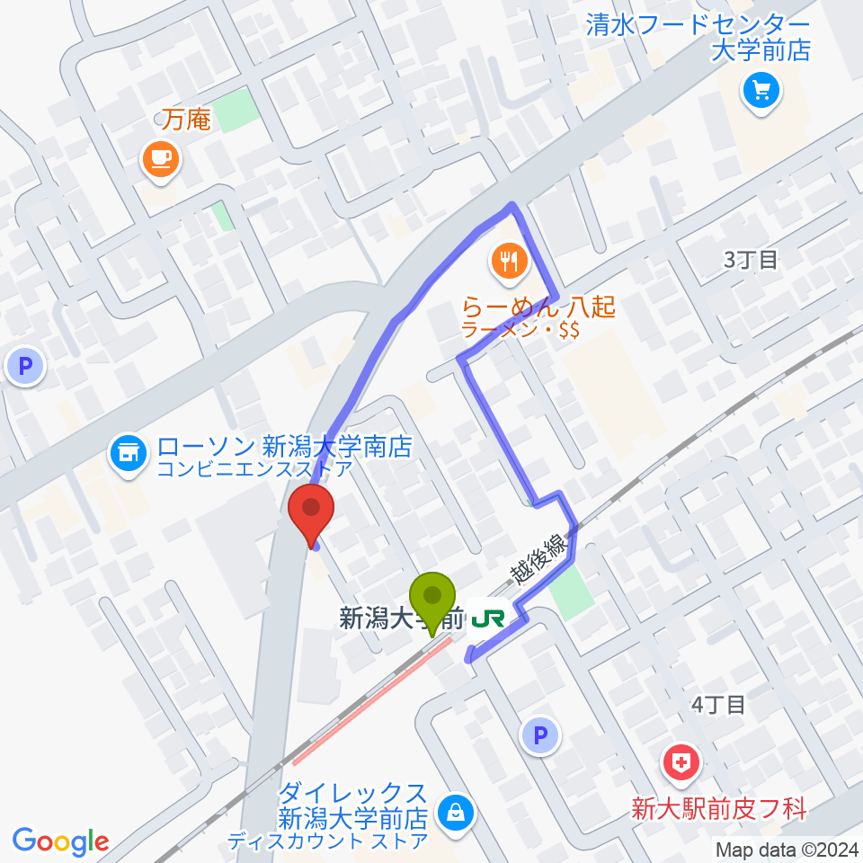 スタジオアップルの最寄駅新潟大学前駅からの徒歩ルート（約1分）地図