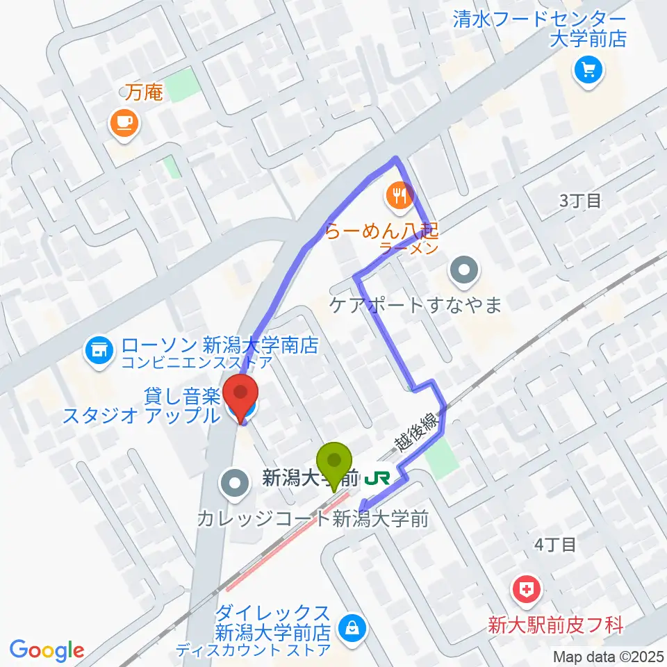 スタジオアップルの最寄駅新潟大学前駅からの徒歩ルート（約1分）地図