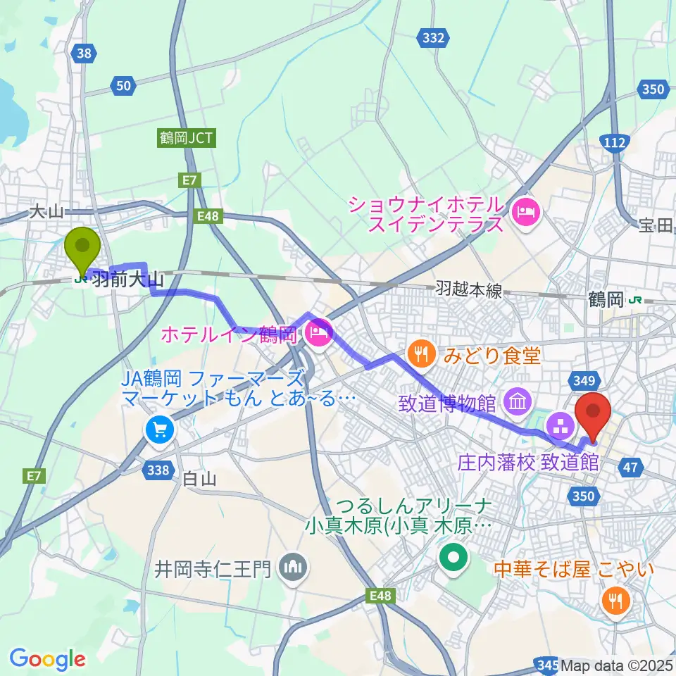 羽前大山駅から荘銀本店ホールへのルートマップ地図