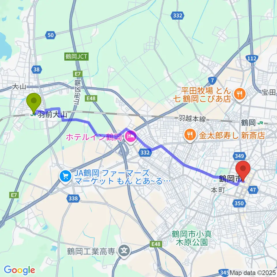 羽前大山駅から荘銀本店ホールへのルートマップ地図