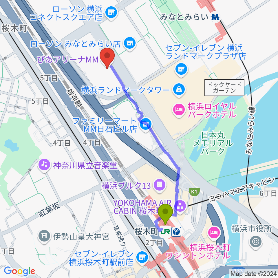 桜木町駅からぴあアリーナMMへのルートマップ地図