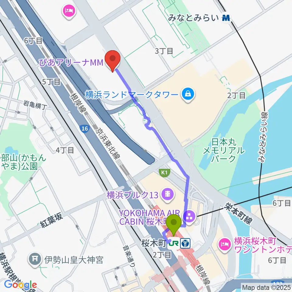 桜木町駅からぴあアリーナMMへのルートマップ地図