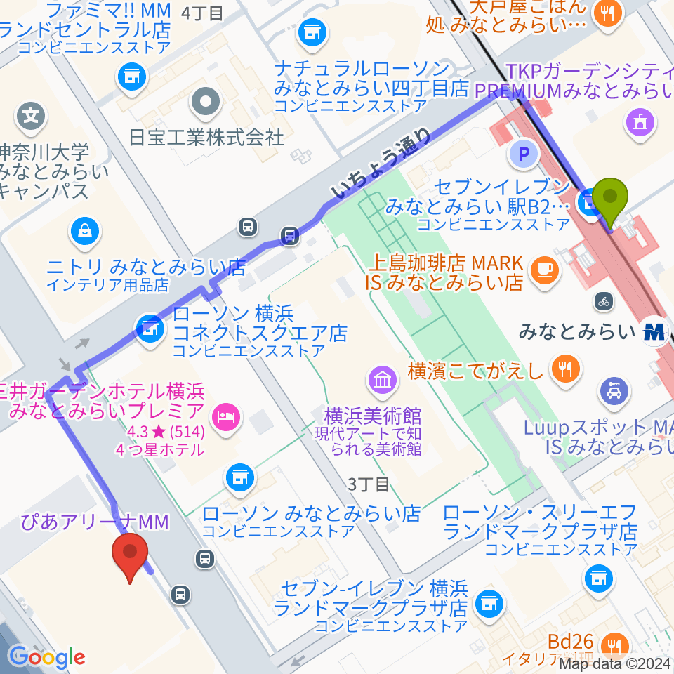 ぴあアリーナMMの最寄駅みなとみらい駅からの徒歩ルート（約7分）地図